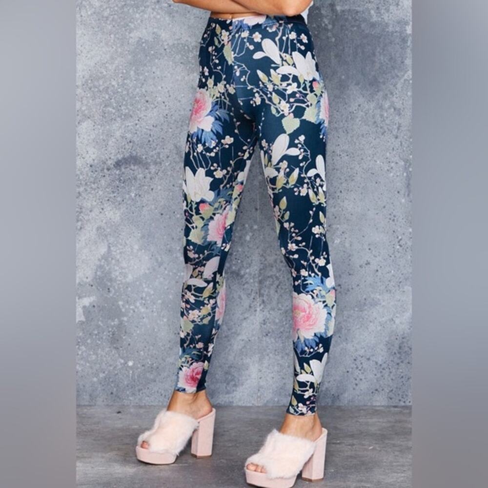 BlackMilk Koson Flowers Floral Print Legging Teal Pink Women's Medium